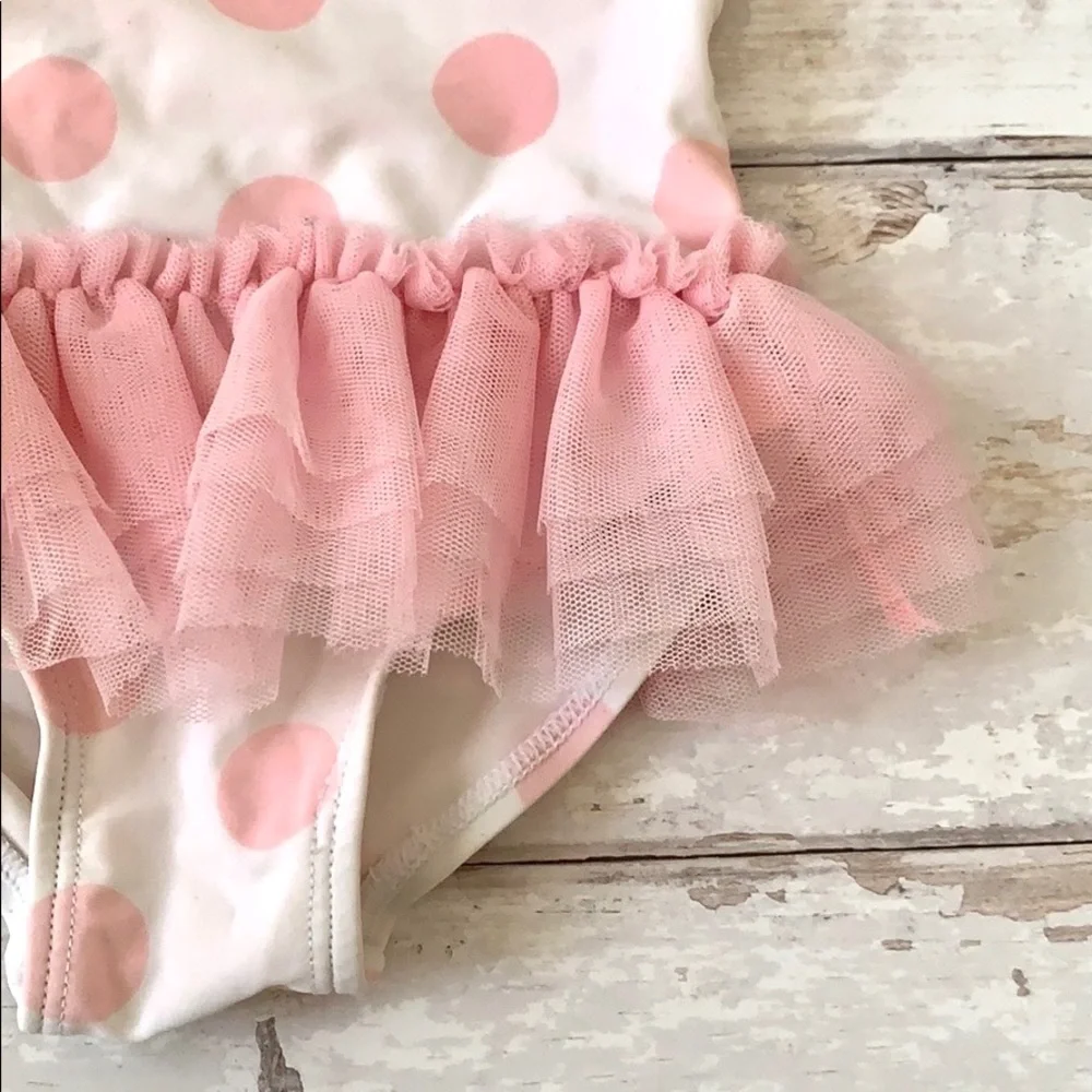 Baby Girl 3m One Piece Swimsuit White & Pink Ruffle Tutu Polka Dots Swim